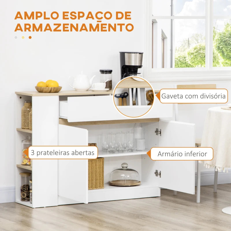 HOMCOM Aparador de Cozinha Aparador Branco com 2 Portas e 3 Prateleiras Abertas para Sala de Estar e Jantar 110x29,5x82 cm