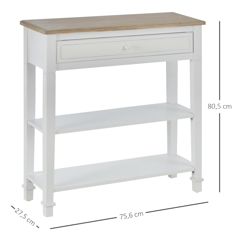 HOMCOM Mesa Consola Multifuncional Mesa auxiliar para Sala de Estar Corredor Sala de Jantar com 2 Prateleiras 1 Gaveta Removível puxador Estilo Retro Pinho 75,6x27,5x80,5 cm Madeira Natural Branco