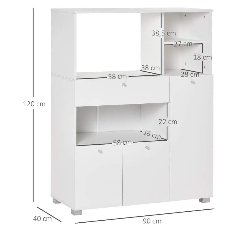 HOMCOM Aparador Auxiliar para Microondas Buffet de Cozinha com 2 Armários com Portas 1 Gaveta e Prateleiras de Armazenamento 90x40x120cm Branco