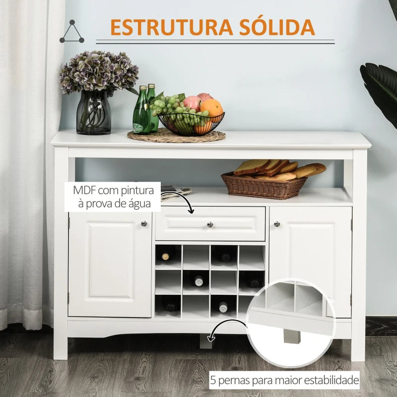 HOMCOM Aparador de Cozinha com 1 Gaveta 1 Prateleira Aberta 2 Portas e Suporte para 12 Garrafas 116,5x40x82,5 cm Branco