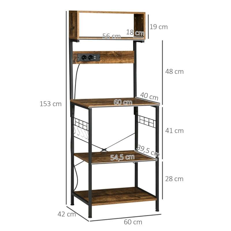 HOMCOM Estante de Cozinha Móvel Auxiliar de Cozinha com Ficha 2 Carregadores USB Ganchos e Prateleira Ajustável 60x42x153 cm Marrom Rústico