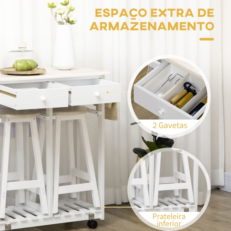 HOMCOM Conjunto de Mesa e 2 Bancos para Cozinha Mesa com Rodas Bancada Dobrável 2 Gavetas e Prateleira 87x74x86cm Carvalho e Branco