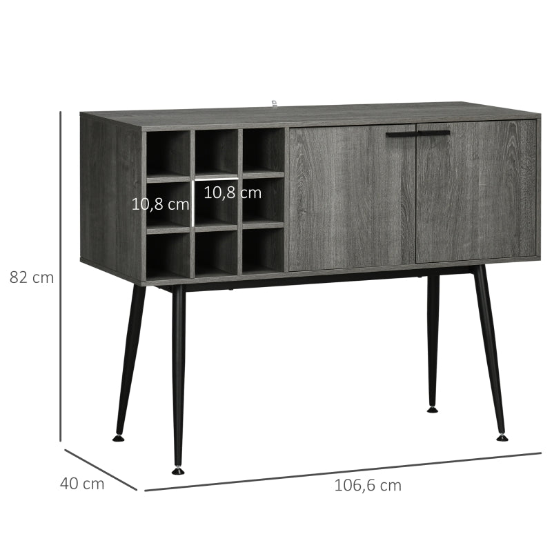 HOMCOM Aparador de Cozinha Móvel Buffet com Suporte para 9 Garrafas de Vinho e Pés de Metal 106,6x40x82cm Cinza e Preto