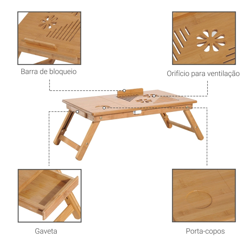 HOMCOM Mesa de Computador Portátil Bambu Dobrável Reclinado Altura ajustável Suporte Mesa de volta 1 Gaveta 55x35x22-30cm