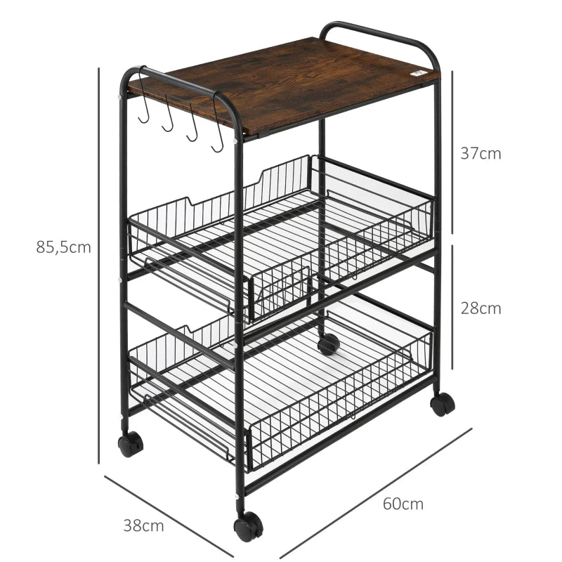 HOMCOM Carrinho de Cozinha com Rodas Carrinho Auxiliar de 3 Níveis com 2 Cestas e 4 Ganchos 60x38x85,5 cm Castanho Rústico