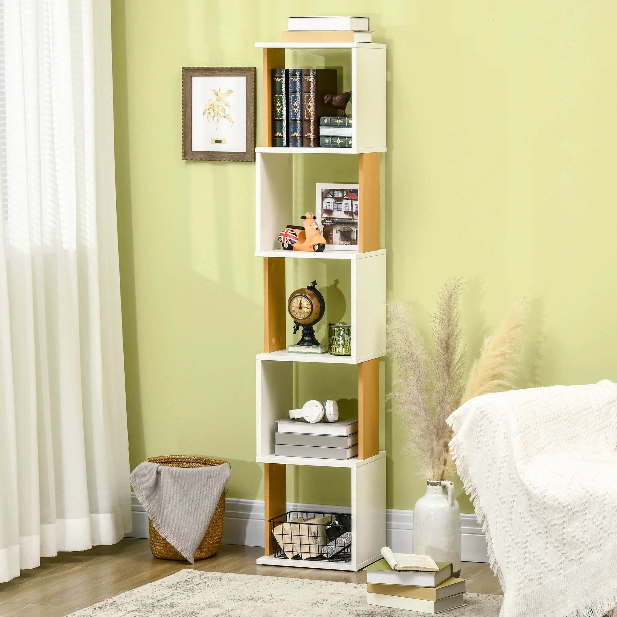 HOMCOM Estante de Livros em Forma de S Estante com 5 Prateleiras Abertas para Sala de Estar Escritório Anti-Tombo 33x28x161cm Branco