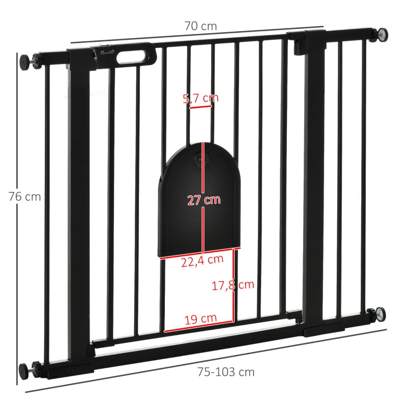 PawHut Barreira de Segurança de Cães Animais de Estimação para Escadas e Portas 75-103cm com 2 Extensões Fechamento Automático e Sistema de Duplo Bloqueio Aço Preto