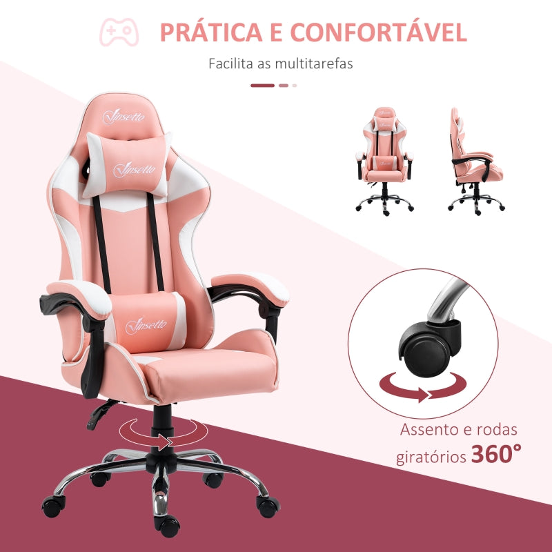 Vinsetto Cadeira Gaming Ergonômica Cadeira Reclinável com Altura Ajustável Apoio para a Cabeça e Lombar 63x67x122-130cm Rosa e Branco