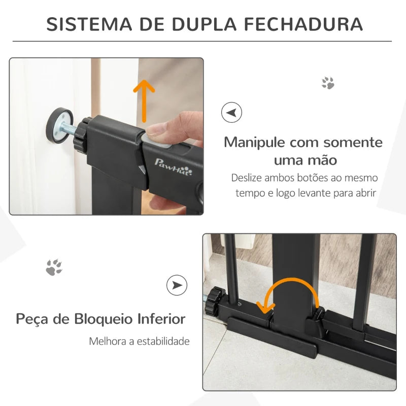 PawHut Barreira de Segurança de Cães Animais de Estimação para Escadas e Portas 75-103cm com 2 Extensões Fechamento Automático e Sistema de Duplo Bloqueio Aço Preto