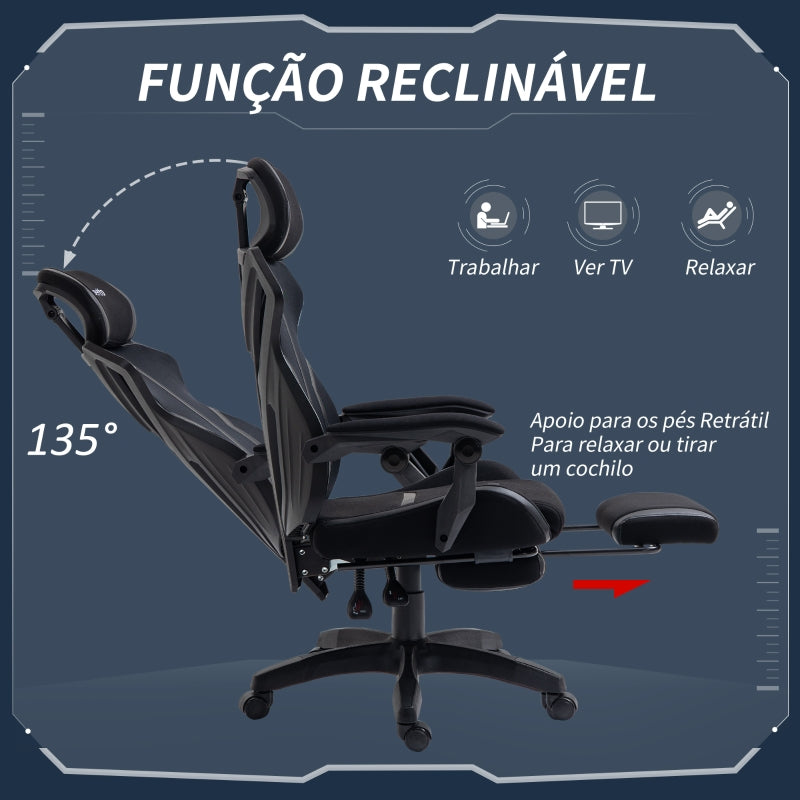 Vinsetto Cadeira de Gaming com Apoio para os Pés Retrátil Cadeira de Escritório Reclinável com Apoio para a Cabeça e Altura Ajustável 65x65x119-129cm Preto