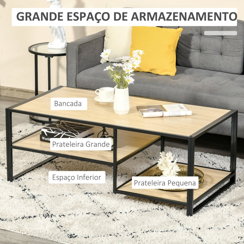 HOMCOM Mesa de Centro para Sala de Estar com 2 Prateleiras de Armazenamento Mesa Auxiliar com Estrutura de Aço para Dormitório Escritório 120x60x46cm Carvalho