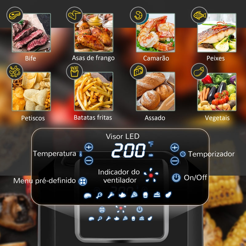 HOMCOM Fritadeira sem Óleo 6,5L 1700W Fritadeira de Ar Quente com 8 Programas Tela LED Tátil