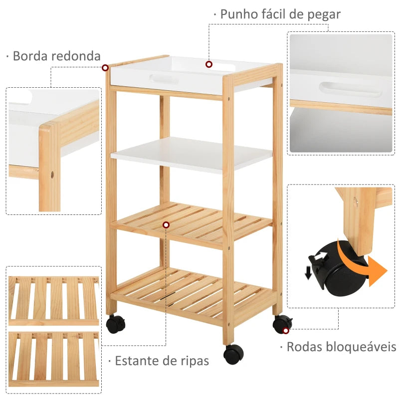 HOMCOM Carrinho de cozinha de 4 niveis com bandeja removível 40x30x76 cm Branco