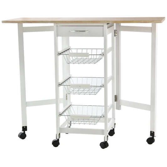 HOMCOM Carrinho de Cozinha Dobrável Carrinho Auxiliar com Rodas 1 Gaveta e 3 Cestos de Metal 97,2x37x77,5 cm Branco e Madeira