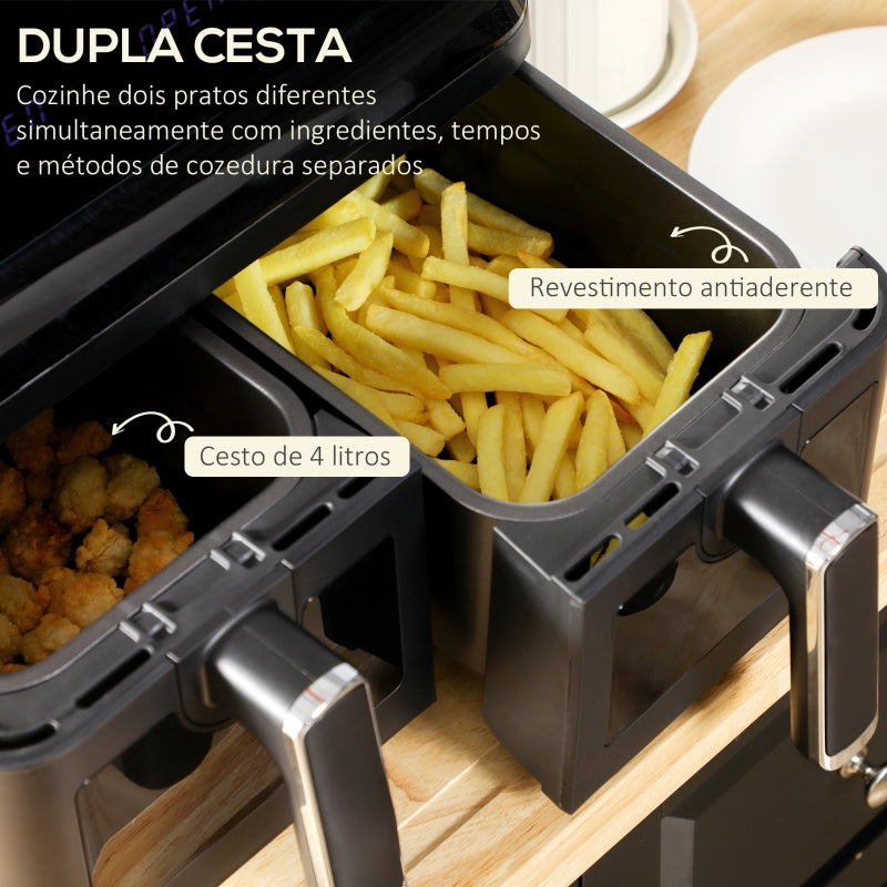 HOMCOM Fritadeira sem Óleo Dupla 8L 2500W com 8 Programas Ecrã LED Tátil Temperatura Ajustável 80-200°C Temporizador