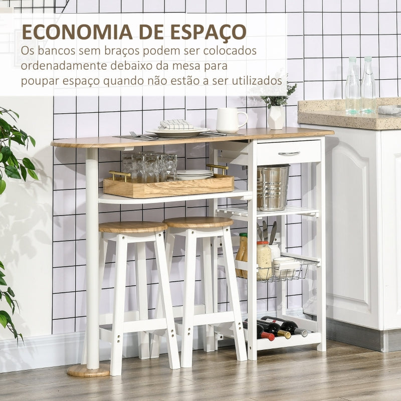 HOMCOM Conjunto de Mesa com 1 Gaveta 2 Prateleiras Cesta Removível e Suporte para Garrafas 119x38,5x88,5cm e 2 Bancos 29x29x55cm Branco