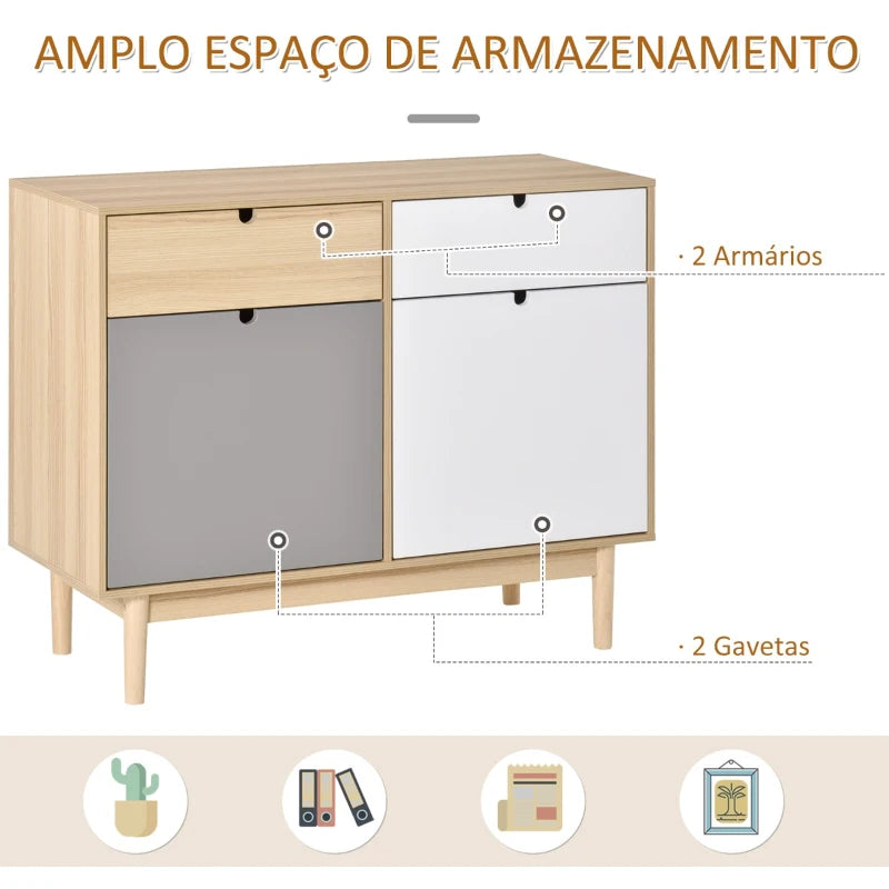 HOMCOM Aparador Auxiliar Móvel de Armazenamento com 2 Armários Fechados e 2 Gavetas Pés Elevados de Madeira de Pinho para Cozinha Dormitório Entrada 100x40x79,5cm Branco Cinza Madeira