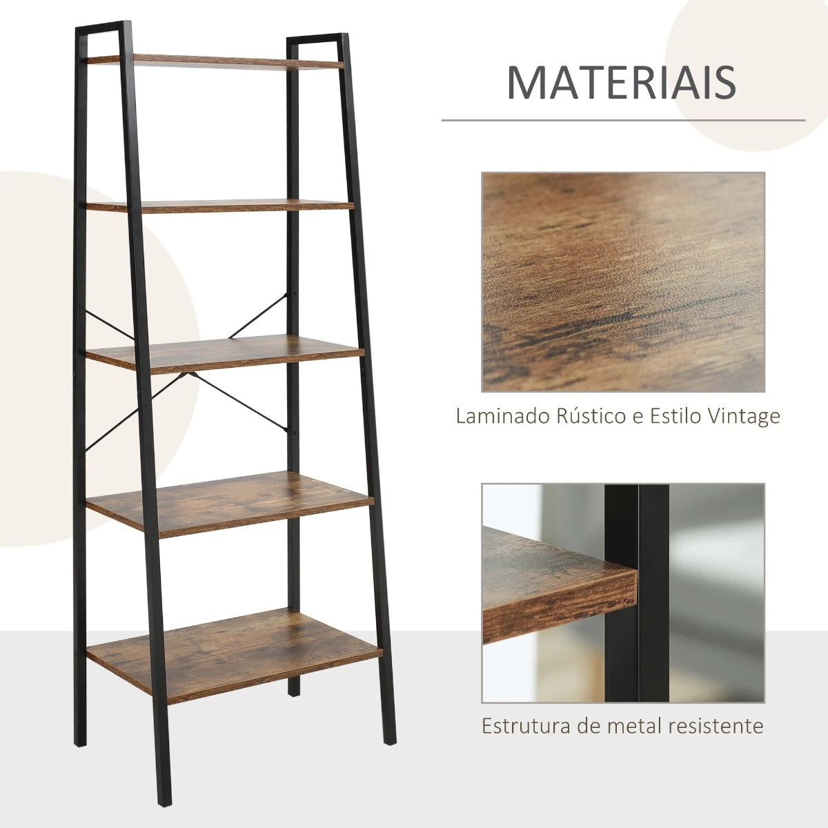 HOMCOM Estante de Estilo Industrial em Forma de Escada com 5 Prateleiras com Estrutura de Metal para Sala de Estar Dormitório Cozinha Escritório 56x34x160cm Marrom Rústico