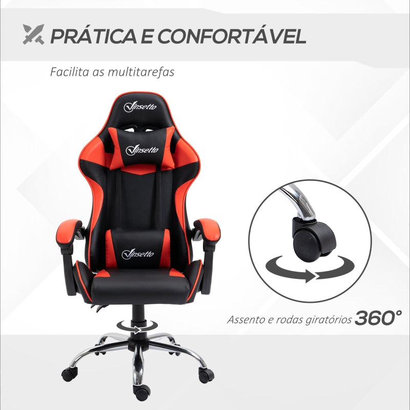 Vinsetto Cadeira Gaming Ergonômica Cadeira para Videojogos Reclinável com Altura Regulável Apoio para a Cabeça e Almofada Lombar 63x67x119-127cm Vermelho e Preto