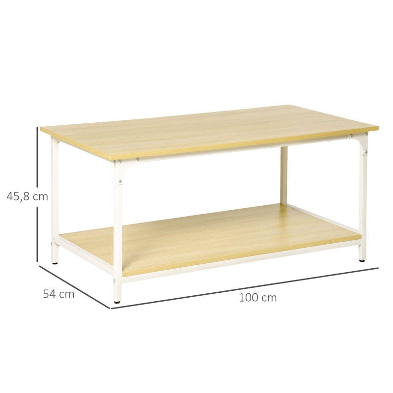 HOMCOM Mesa de Centro para Sala de Estar Moderna Mesa de Centro com Prateleira de Armazenamento Pés Ajustáveis e Estrutura de Aço para Escritório 100x54x45,8cm Natural