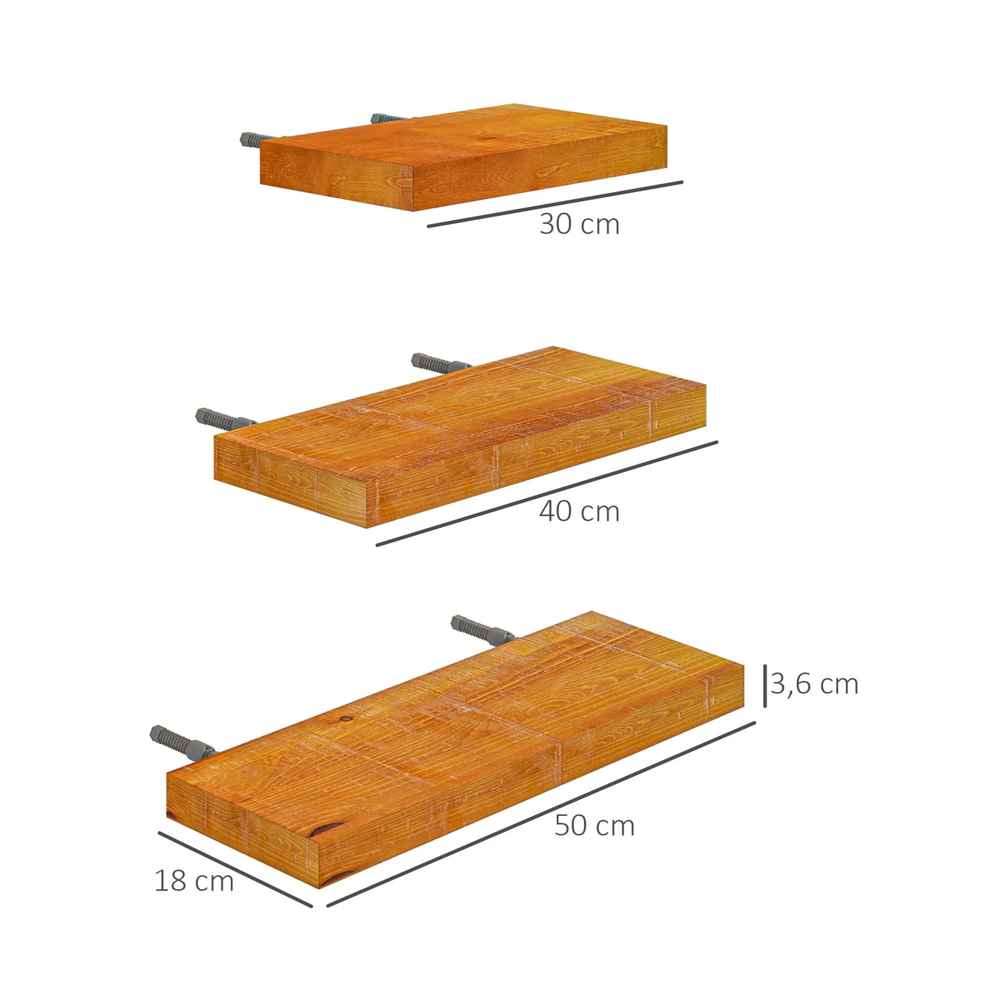 HOMCOM Prateleiras de Parede de Madeira 3 Peças Prateleiras de Parede Suspensas 50x18x3,6 cm 40x18x3,6 cm 30x18x3,6 Marrom