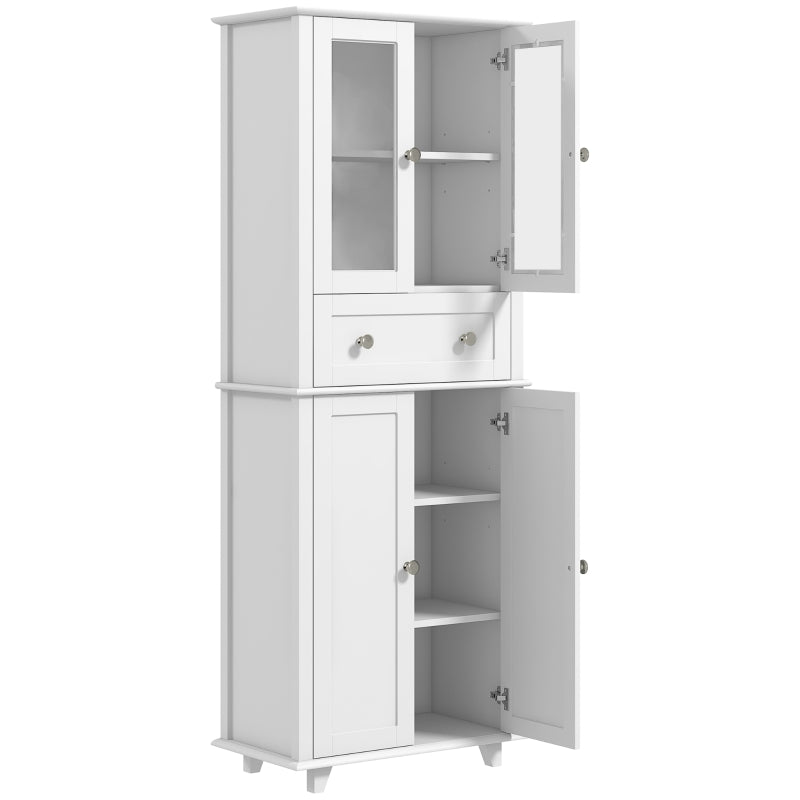 HOMCOM Armário de Cozinha Móvel Auxiliar de Cozinha com 2 Portas de Vidro Gaveta e Prateleiras Ajustáveis 61x35x168,5 cm Branco