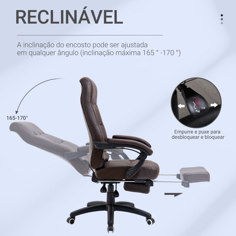 Vinsetto Cadeira de escritório ergonômica giratória com função de inclinação altura ajustável Apoio de braço e apoio para os pés em couro sintético 65x65x118-125cm marrom