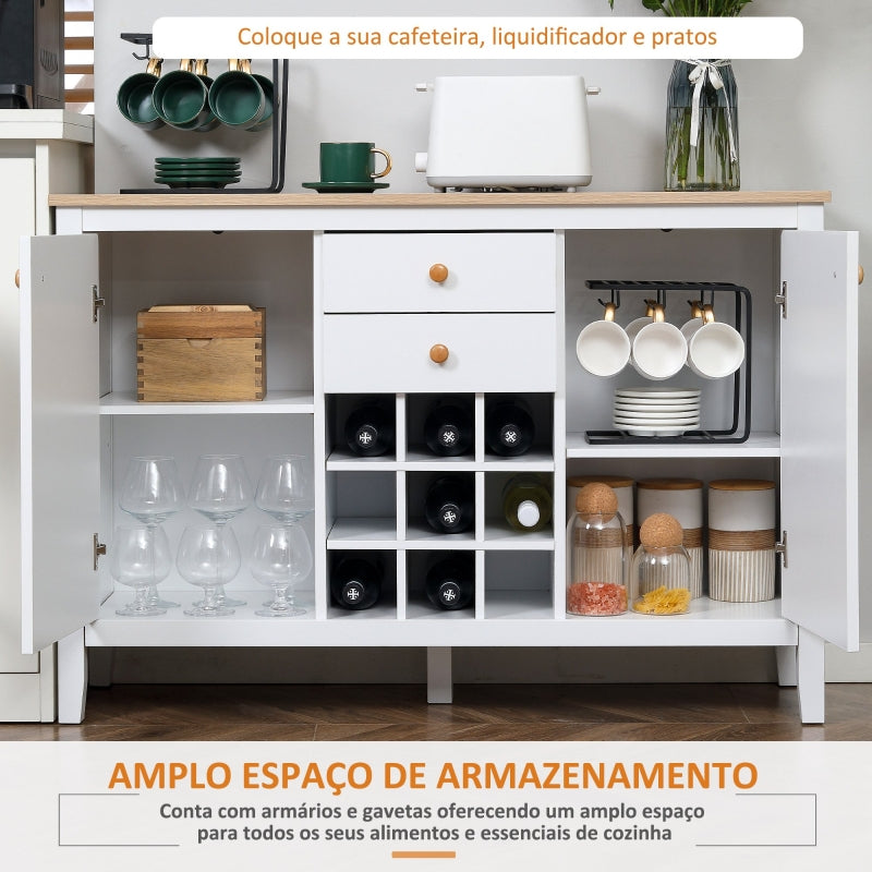 HOMCOM Aparador de Cozinha com 2 Gavetas 2 Armários com Prateleiras Ajustáveis e Suporte para 9 Garrafas 110x35x75cm Branco