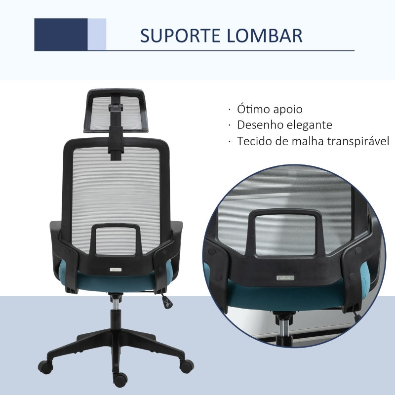 Vinsetto Cadeira de Escritório Ergonômica Giratória com Altura Ajustável Apoio para a Cabeça Apoio para os Braços e Suporte Lombar Reguláveis 63,5x63x116,5-125,5cm Azul e Cinza