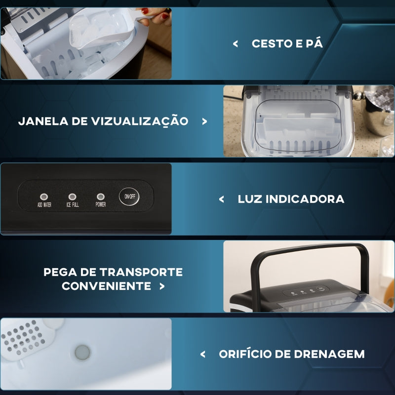 HOMCOM Máquina de Fazer Gelo Silenciosa 12 kg em 24 Horas 9 Cubos em 6-12 Minutos Depósito de Água 1,3 L 22,2x29,4x29 cm Preto