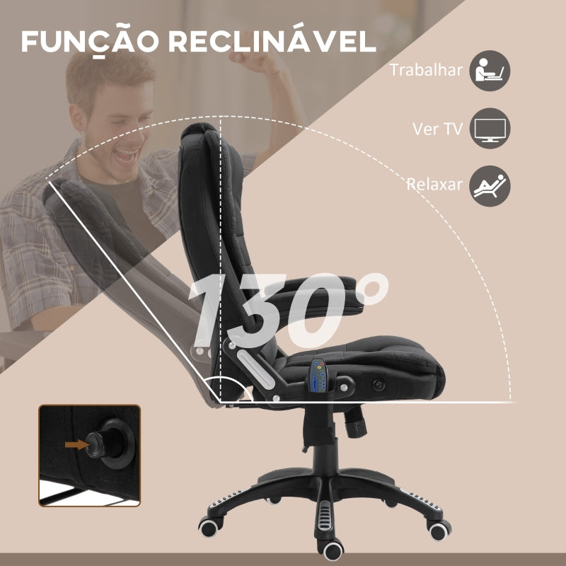 Vinsetto Cadeira de Escritório com 6 Pontos de Massagem Reclinável até 130° com Função de Aquecimento 68x72x110-120 cm Preto