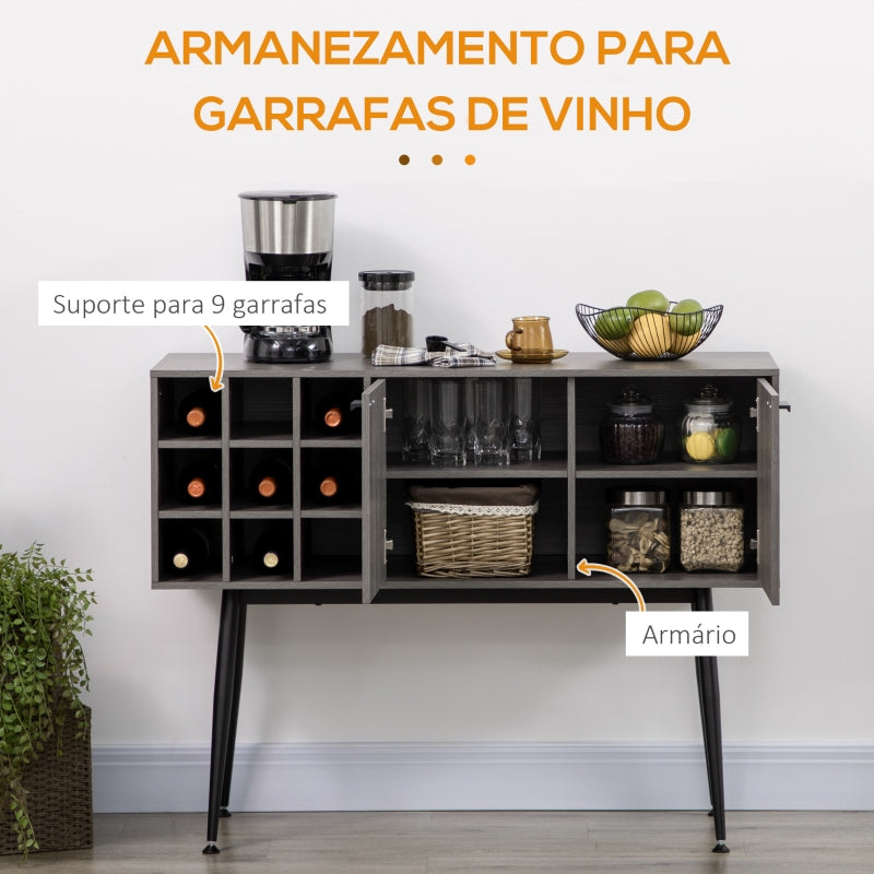 HOMCOM Aparador de Cozinha Móvel Buffet com Suporte para 9 Garrafas de Vinho e Pés de Metal 106,6x40x82cm Cinza e Preto