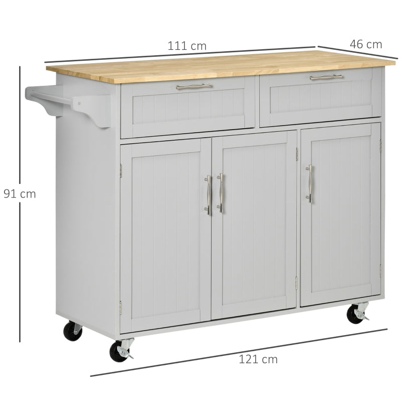 HOMCOM Carrinho de Cozinha com Rodas 2 Gavetas 3 Portas Prateleiras Ajustáveis e Barra para Sala de Jantar 121x46x91cm Cinza e Madeira