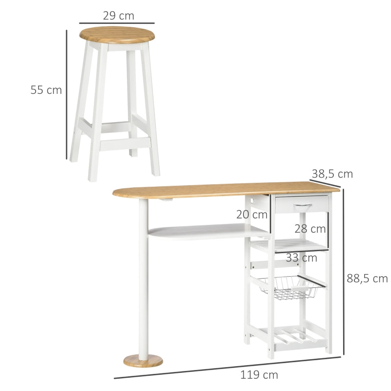 HOMCOM Conjunto de Mesa com 1 Gaveta 2 Prateleiras Cesta Removível e Suporte para Garrafas 119x38,5x88,5cm e 2 Bancos 29x29x55cm Branco