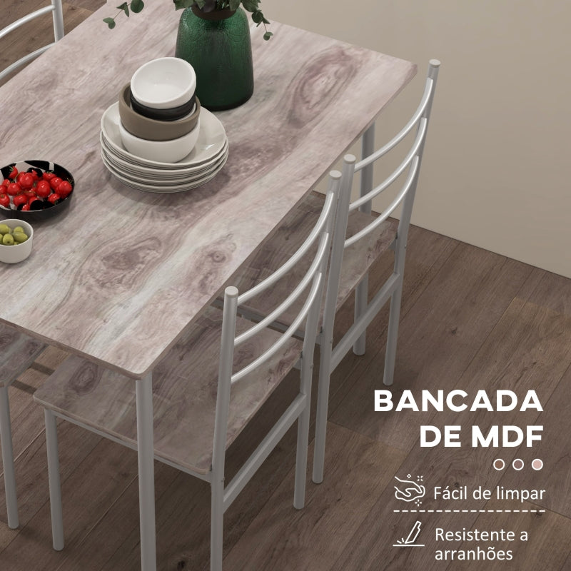 HOMCOM Conjunto de Refeição 5 Peças Conjunto de Mesa e 4 Cadeiras para 4 Pessoas com Estrutura de Aço 110x70x75 cm Madeira e Branco