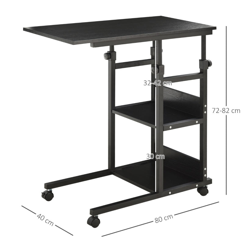 HOMCOM Mesa Lateral para Sofá Mesa lateral em Forma de C com 4 rodas Giratórias Freios Altura Ajustável 3 níveis Estrutura Metálica 80x40x72-82cm Preto