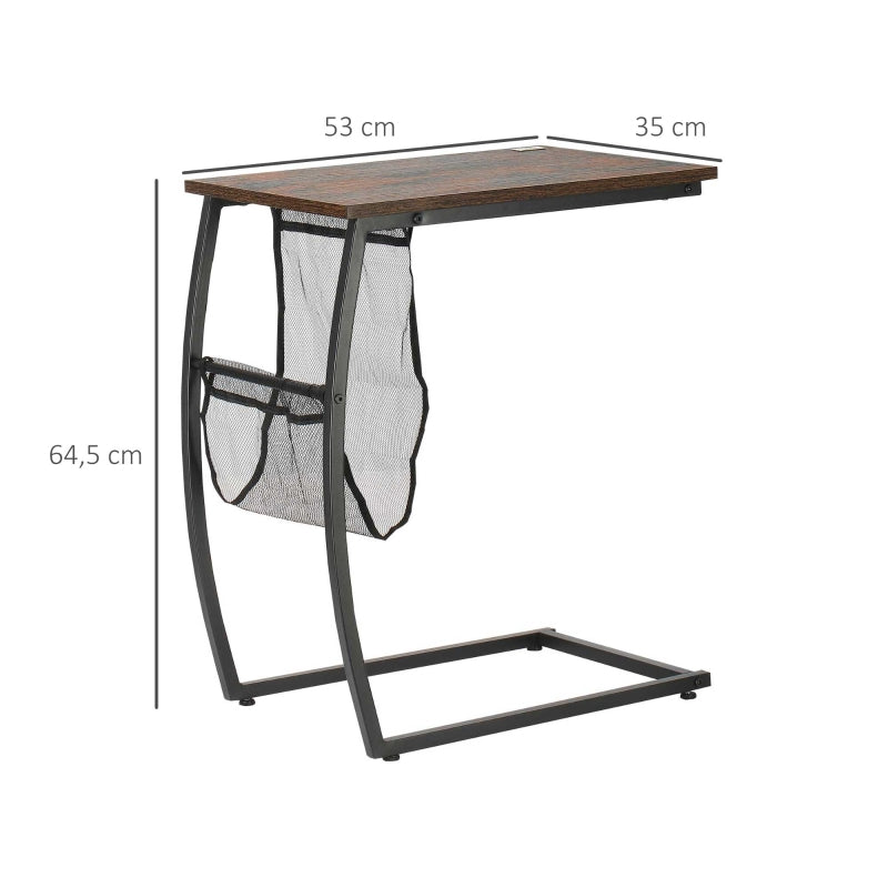 HOMCOM Mesa Auxiliar para Sofá e Cama em Forma de C com Bolso de Armazenamento Mesa Lateral de Estilo Industrial 52x35x64,5cm Marrom Rústico