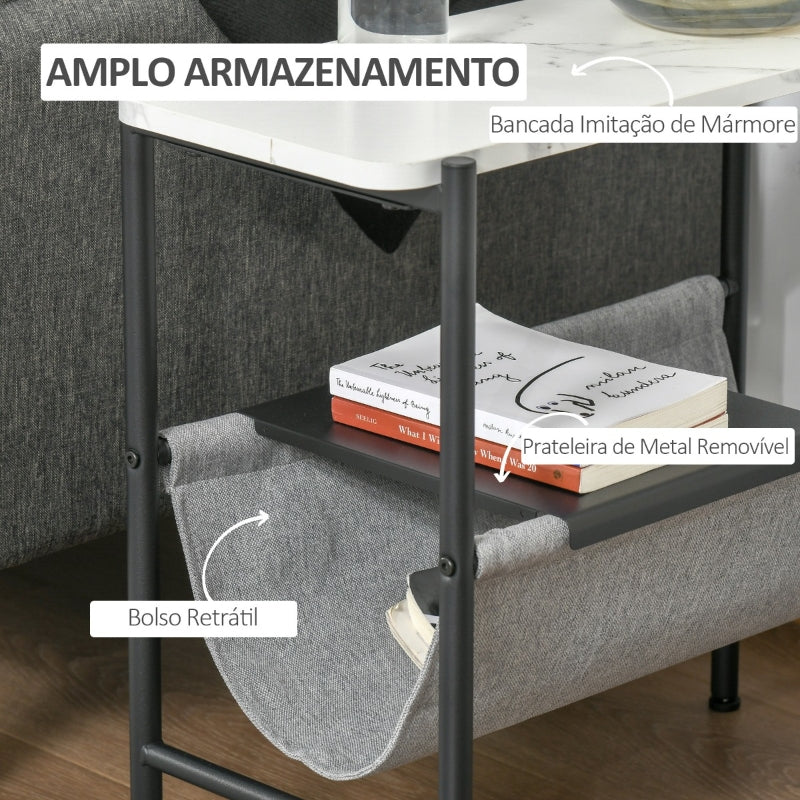 HOMCOM Mesa de Apoio com Bolso de Lona e Prateleira Removível Bancada Imitação Mármore 60x28x53cm Branco Cinza e Preto