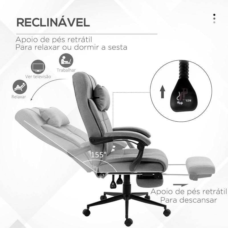 Vinsetto Cadeira de Escritório Reclinável Estofada em Tecido com Altura Ajustável e Apoio para os Pés 66x76x116-124 cm Cinza