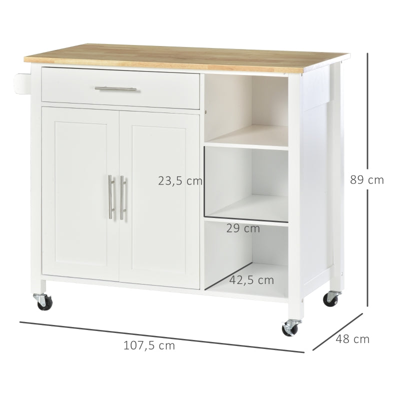 HOMCOM Ilha de Cozinha com Rodas 1 Gaveta 2 Portas 3 Prateleiras Abertas e Barra lateral 107,5x48x89cm Branco