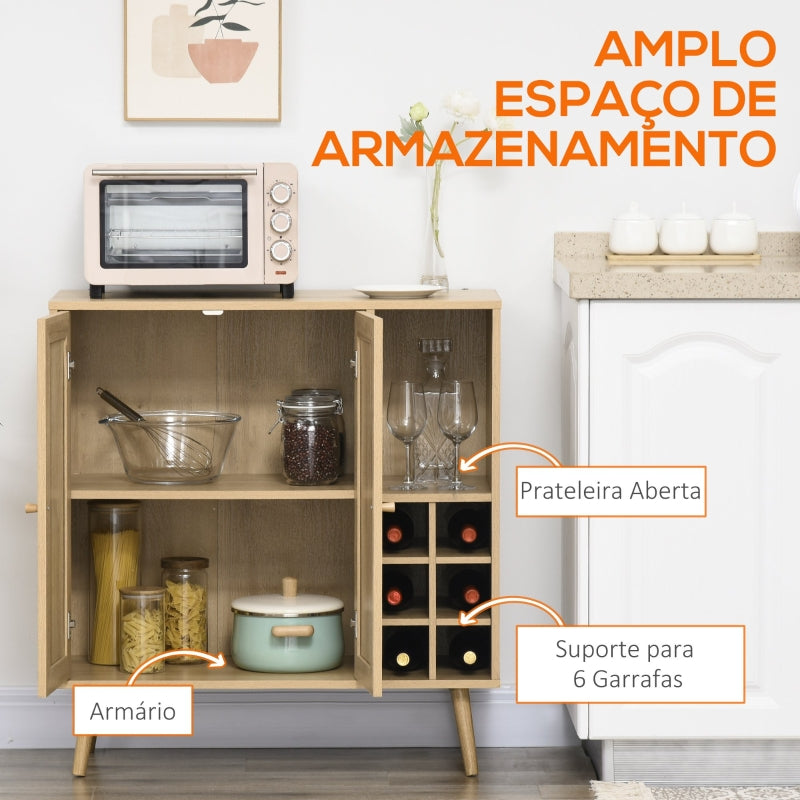 HOMCOM Aparador de Cozinha Móvel Buffet com 2 Portas de Vime Prateleira Aberta e Suporte para 6 Garrafas 83x39x88,5cm Madeira