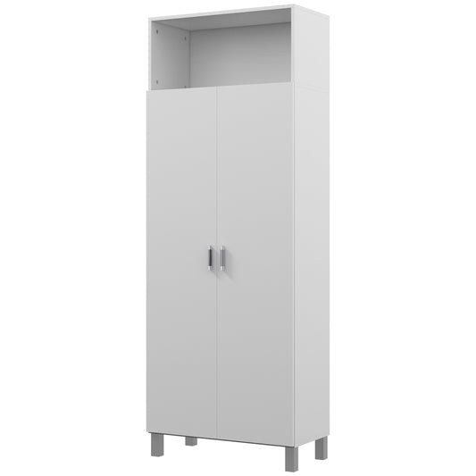 HOMCOM Armário Multiuso com 2 Portas Compartimento Aberto e Prateleira Ajustável para Cozinha Lavandaria 70x35x188 cm Branco