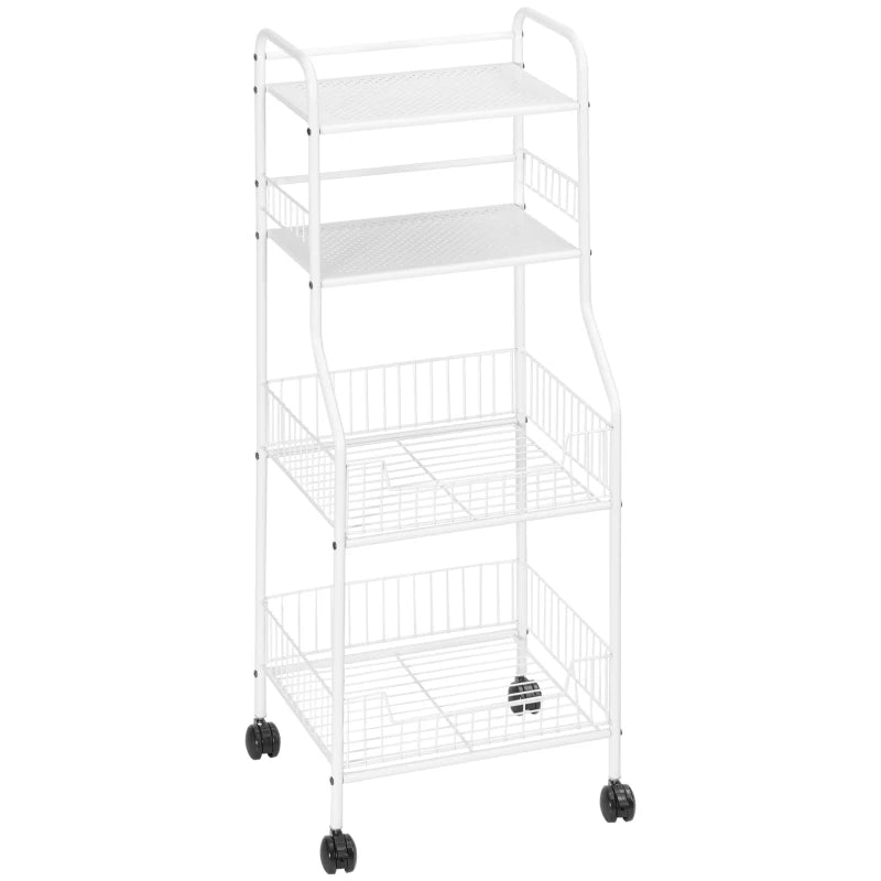 HOMCOM Carrinho de Cozinha com Rodas de Aço Carrinho Auxiliar com 4 Níveis Carrinho de Armazenamento 42x34x114,5cm Branco