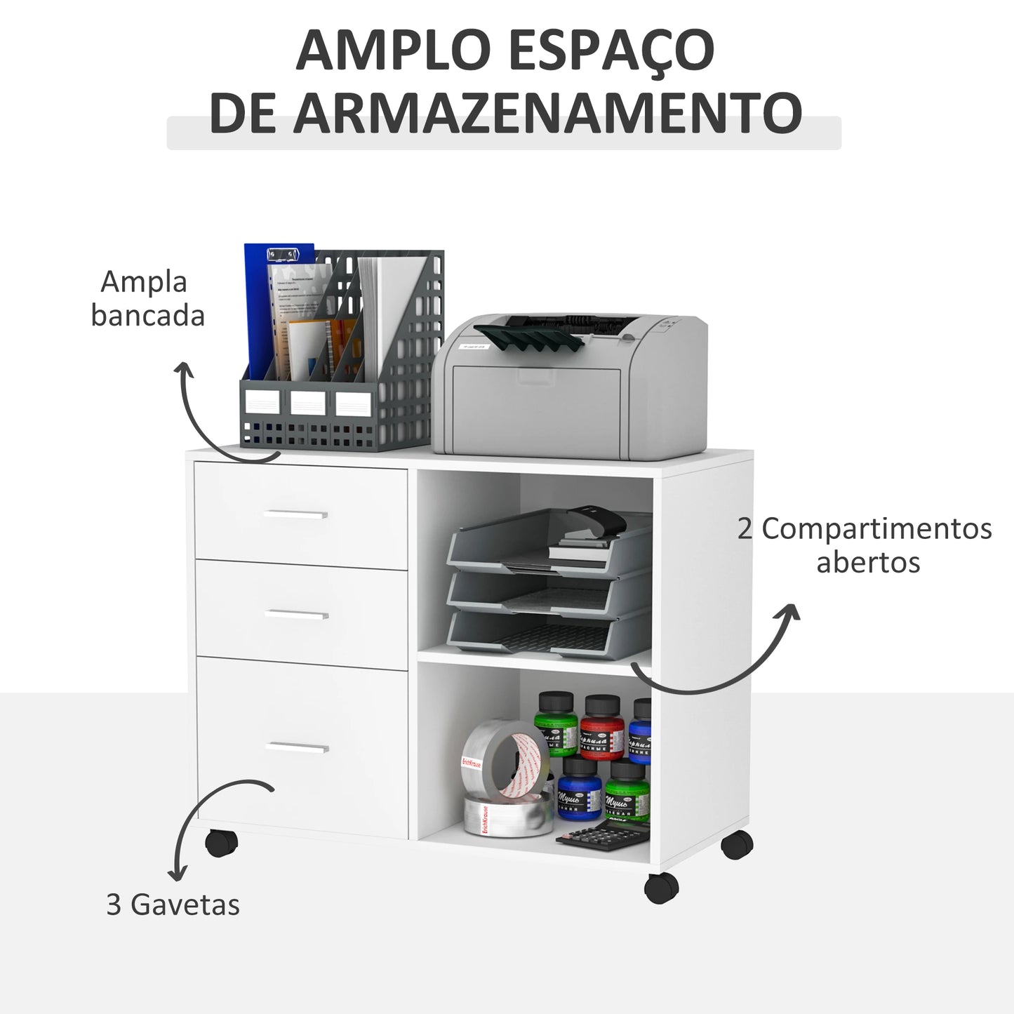 HOMCOM Armário de Escritório para Impressora Multifuncional com 3 Gavetas Prateleira Ajustável e Rodas 80x40x65cm Branco