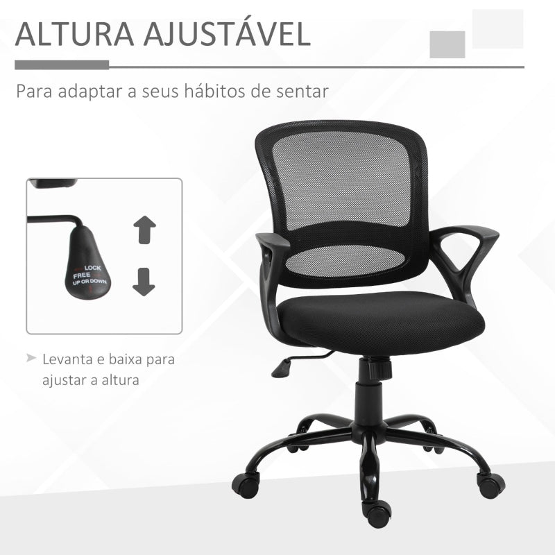 Vinsetto Cadeira de Oficina Ergonômica Basculante com Altura Ajustável Assento Giratório 360° Suporte e Lombar Malha Transpirável 61x61x89-99cm Preto