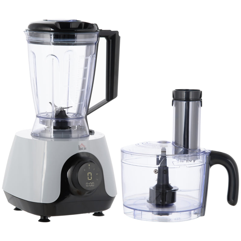 HOMCOM Processador de Alimentos 650W Taça 1L Copo 1,25L Processador de Alimentos com Ecrã LED 23,5x21x17,5cm Prata