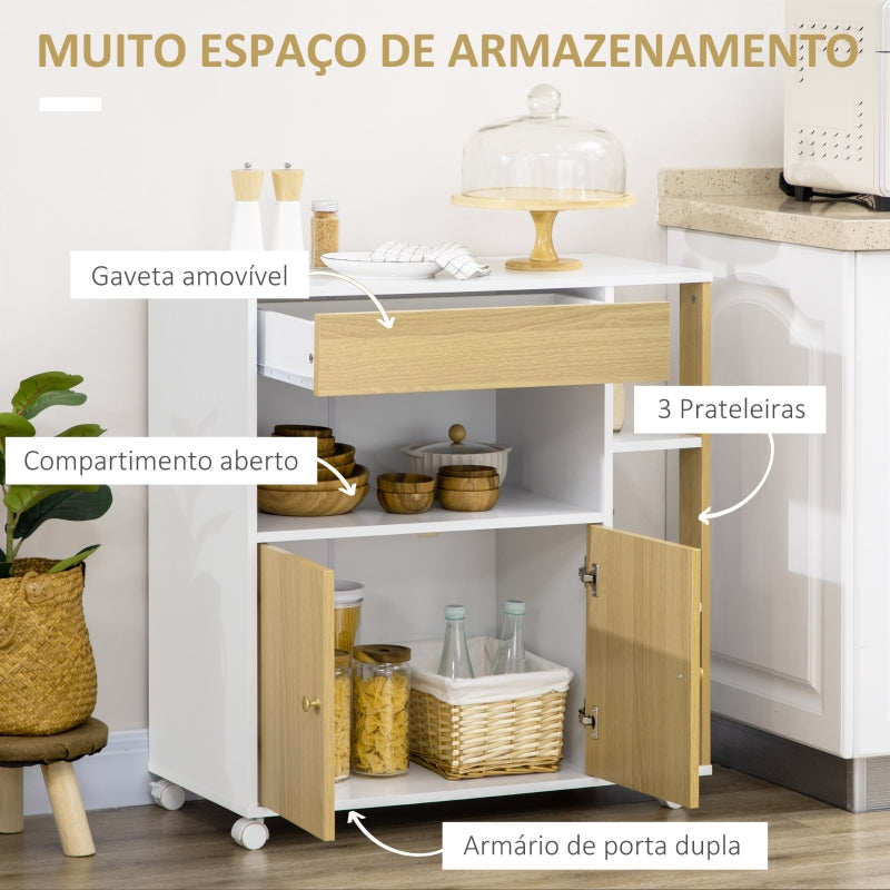 HOMCOM Carrinho de Cozinha com Rodas 2 Portas 80x39x85,5cm Carvalho e Branco