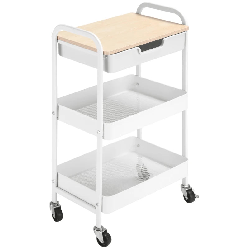 HOMCOM Carrinho de Cozinha com Rodas Carrinho de Armazenamento com Gaveta 2 Prateleiras e Rodas com Freios para Casa de Banho Sala de Estar Dormitório 43,9x30,5x75,6cm Branco e Madeira Natural