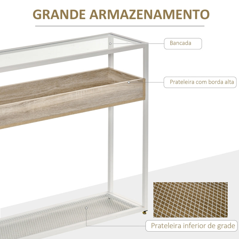 HOMCOM Mesa Consola 108x28x85cm Mesa de Entrada com Bancada de Vidro Temperado Prateleira e Grade Inferior Estrutura de Aço para Corredor Sala de Estar Branco