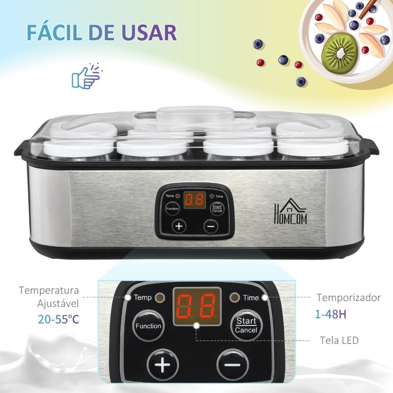 HOMCOM Iogurteira 30W Volume 1,44L com 8 Frascos de Cristal de 180ml Termostato Ajustável Temporizador de 1-48 Horas e Desligado Automático 36x18,8x14cm Prata